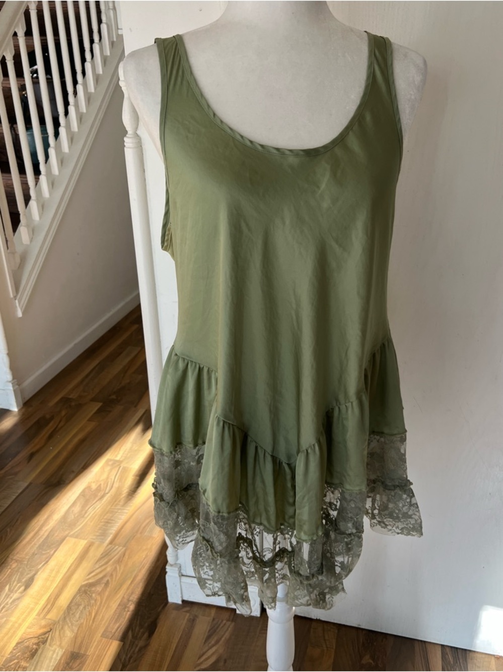 Sage Olive Green Lace-Hem V Drop Waist Mini Dress, Free People, Aline shape